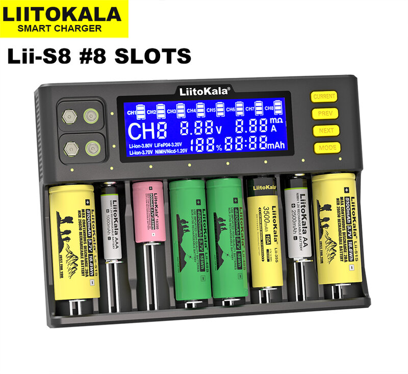 LiitoKala Lii-S8 LCD شاحن بطارية ليثيوم أيون 3.7V نيمه 1.2V Li-FePO4 3.2V IMR 3.8V ل 18650 26650 21700 26700 18350 AA AAA 9V