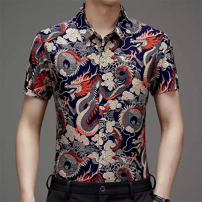 قميص حرير ثلجي بأكمام قصيرة مع طبعة تنين للرجال ، فضفاض ومتعدد الاستخدامات ، اتجاه النمط الصيني ، الصيف