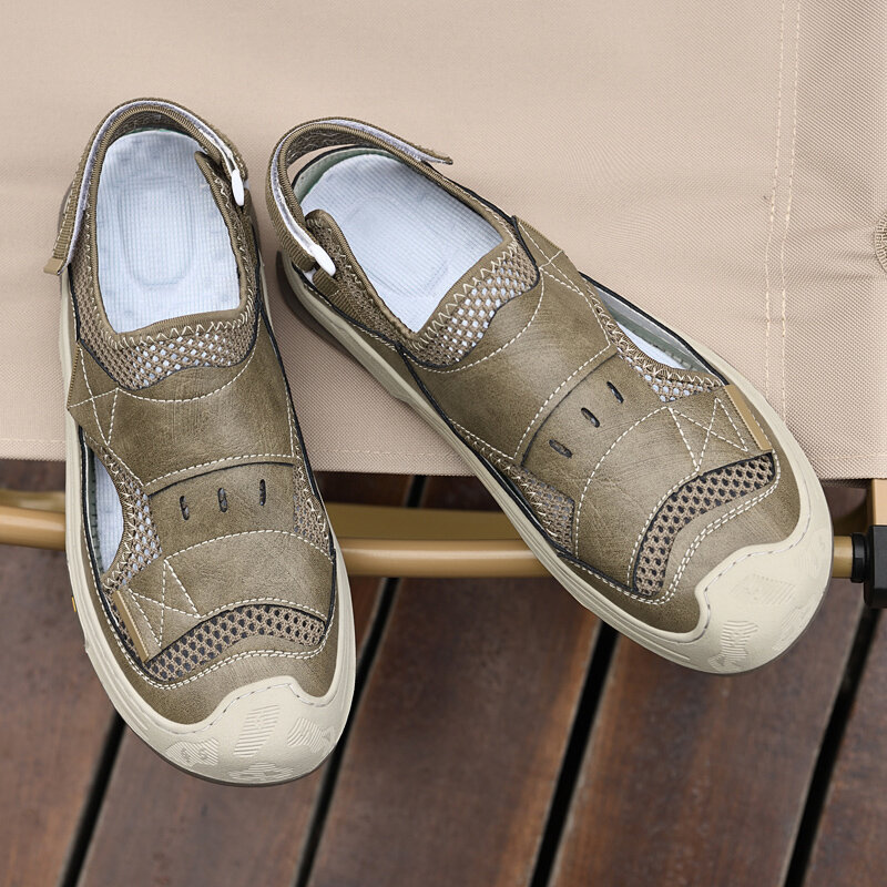 حذاء من الجلد والشبك للرجال من FUQIAO ، صندل يسمح بمرور الهواء ، شبشب غير رسمي للذكور ، أحذية شاطئ للأماكن الخارجية ، موضة جديدة ، الصيف ، من FUQIAO