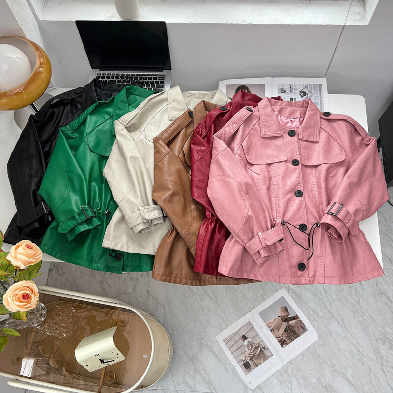 أنيق بولي Leather سترة جلدية للنساء ، ملابس عادية تمتد ، الحلوى الملونة معطف جلد ، حجم كبير ، الخريف والشتاء ، 2023