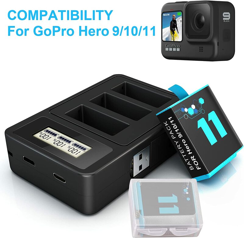 بطاريات بديلة 2000 مللي أمبير في الساعة لبطارية جو برو هيرو 11/10/9。 شاحن USB ثلاثي القنوات ومن النوع C متوافق تمامًا مع GoPro Hero 9 Hero 10 Hero 11 Black Official.