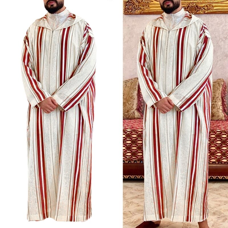 شريط طويل الأكمام عباية عادية فستان مسلم المغربي رمضان ثوب قميص للرجال