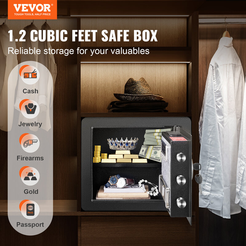 VEVOR 1.2/0.5 Cubbic صالح الإلكترونية صندوق ودائع آمن ث/الوصول الرقمي ومفاتيح تجاوز لتخزين المال بندقية وثيقة مجوهرات