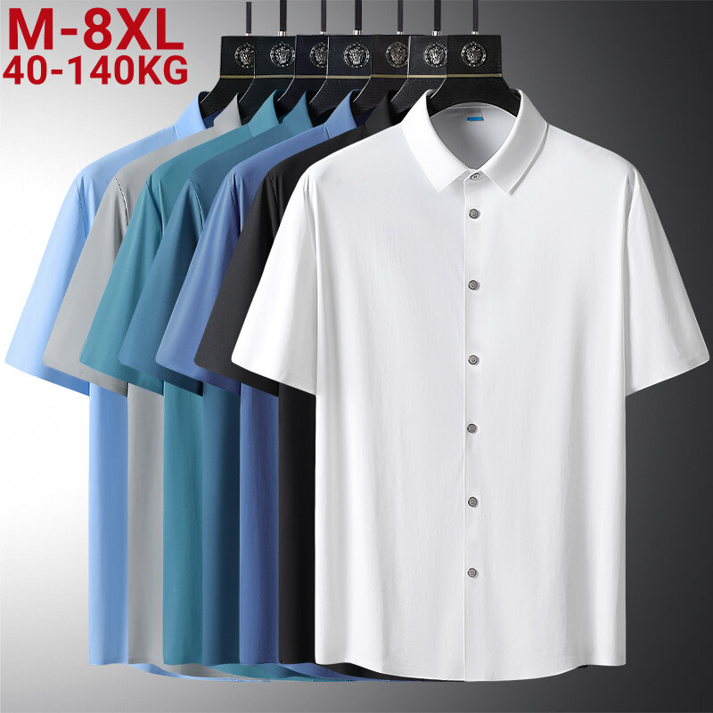 حجم كبير 8XL الصيف الرجال بلون قصيرة الأكمام قميص مرونة فضفاضة عادية أسود أبيض سريعة الجافة الحرير قمصان الذكور