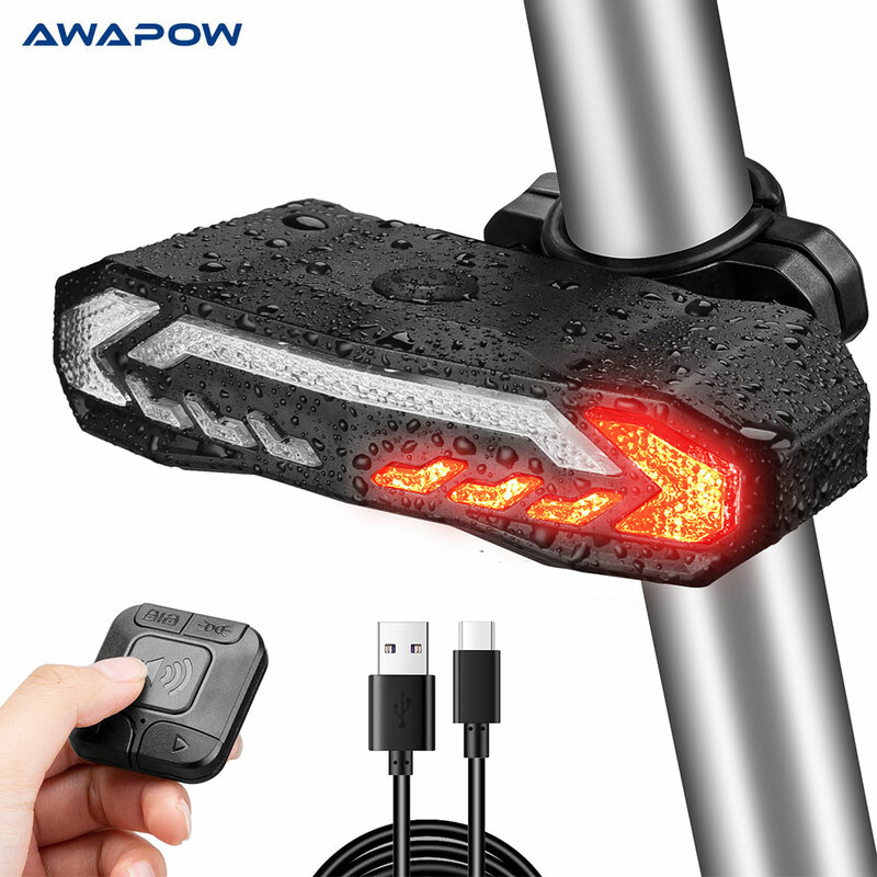 إنذار Awapow مضاد للسرقة للدراجة ، إنذار الدراجة الخلفي 5 في 1 ، IP54 مقاوم للماء ، مصباح خلفي للدراجة بجهاز تحكم عن بعد مع إشارات انعطاف