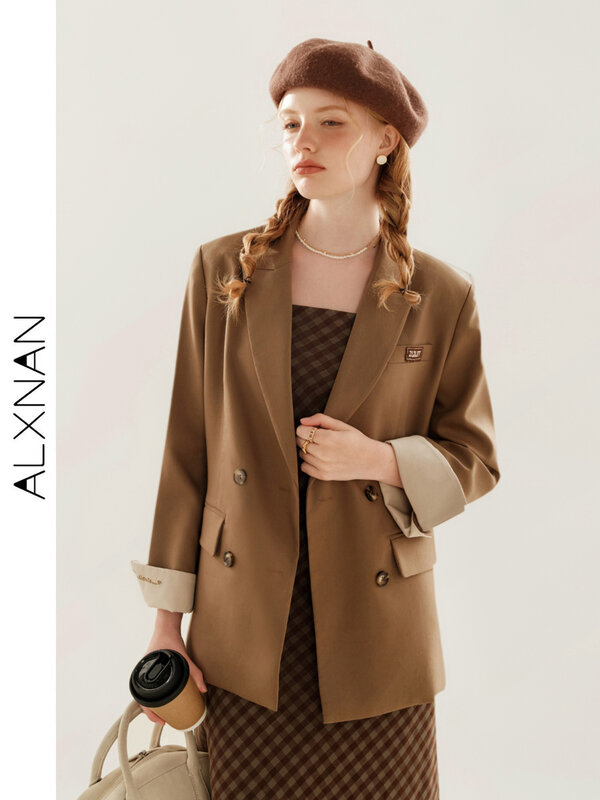 بدلة أزياء غير رسمية فضفاضة للنساء ALXNAN ، سترة مزدوجة الصدر ، طية صدر عتيقة ، ملابس سيدة مكتب ، TM00512 ، الخريف ،