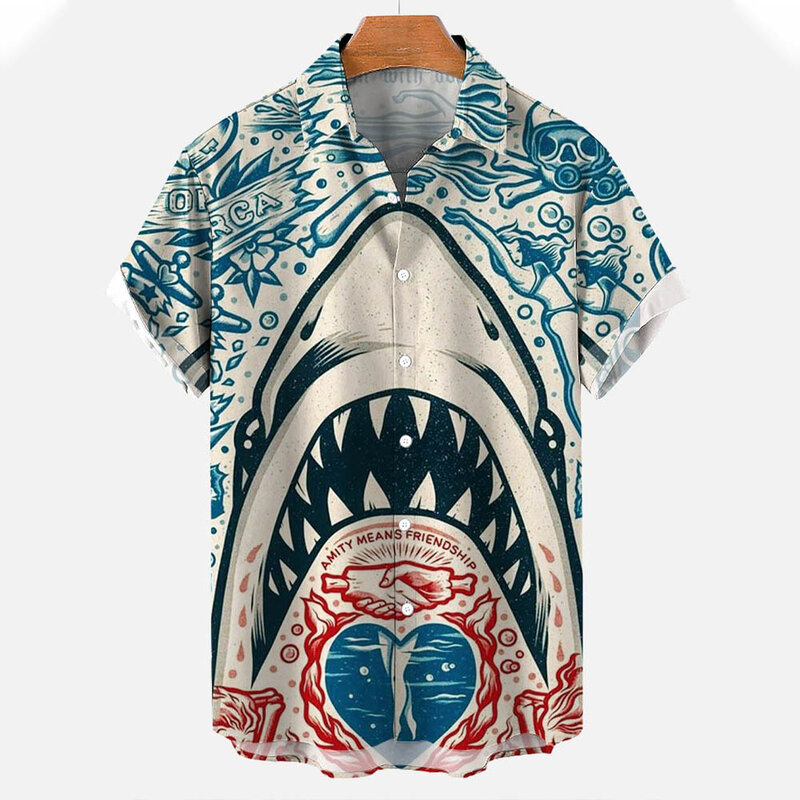 جديد الرجال قمصان ثلاثية الأبعاد الحيوان طباعة الملابس زر الموضة قصيرة الأكمام التلبيب الشارع الشهير قميص للرجال هاواي القرش بلوزة التي شيرت