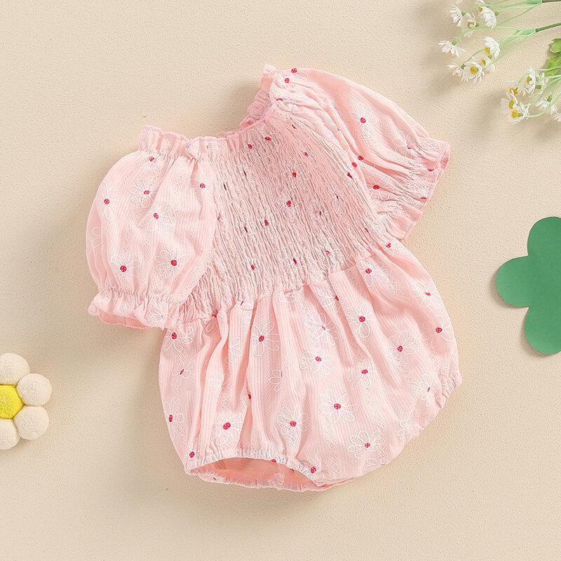 VISgogo-رومبير بطباعة زهور للفتيات الصغيرات ، بدلة لعب بأكمام قصيرة غير رسمية منفوخة ، بدلة جسم ذات ثنيات مربعة الرقبة ، صيف لحديثي الولادة