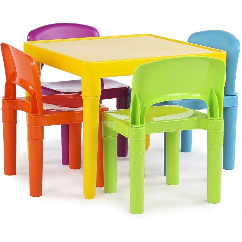 طاولة بلاستيكية صفراء للأطفال بطاقم متواضع ، كراسي نابضة بالحياة ، 1 مربع ، 4 كراسي