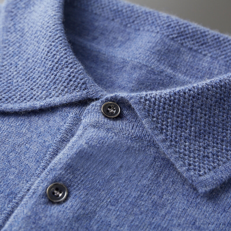 قميص صوف ميرينو 100% للرجال سترة ملابس عملية محبوك كشمير رفيع بياقة بولو 3 أزرار كنزة صوفية للربيع والخريف