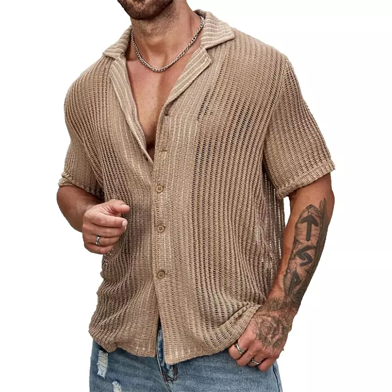 قميص رجالي مثير مجوف من تنفس محبوك ، الصيف الشاطئ انظر من خلال القمصان عارضة ، الرجال قصيرة الأكمام زر قمصان بلون