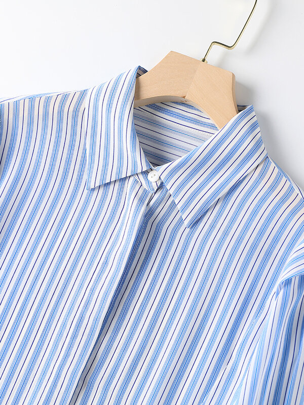 قمصان نسائية مخططة من SuyaDream موضة 100% من الحرير الخالص بأكمام طويلة وبلوزات مكشكشة لربيع وشتاء 2022 ملابس أنيقة باللون الأزرق