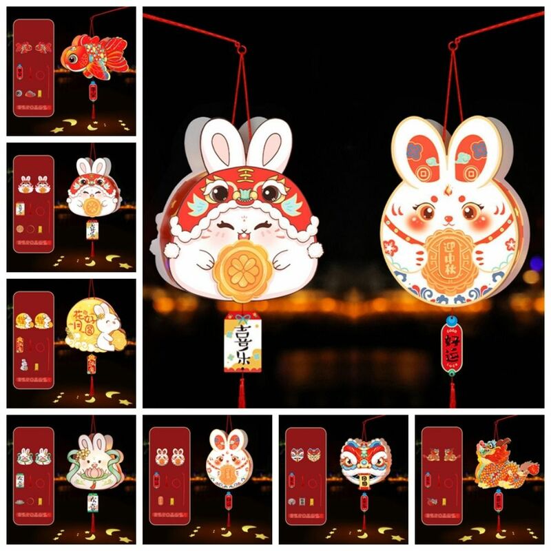 فانوس على الطراز الصيني مع ضوء LED ، فانوس مصنوع يدويًا ، مواد ذاتية الصنع ، حظًا سعيدًا ، نعمة ، أرنب ، منتصف الخريف