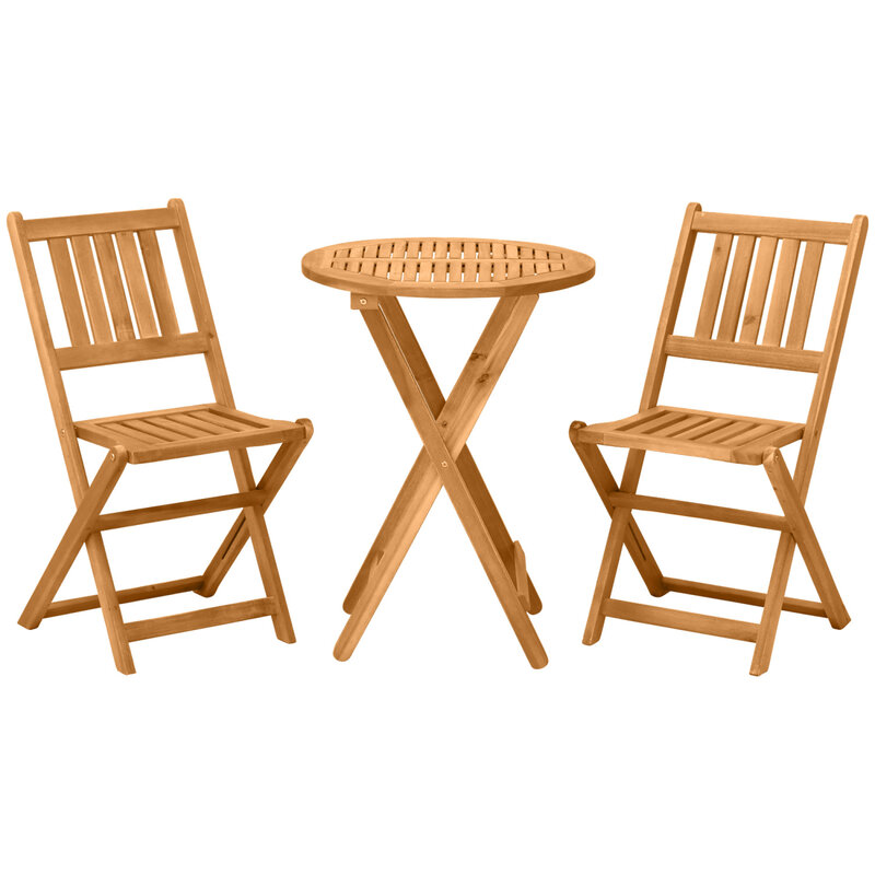 مجموعة بيسترو خشب السنط ، أثاث فناء قابل للطي ، مقعدون وطاولة قهوة مستديرة ، خشب الساج ، زعنفة مضلعة