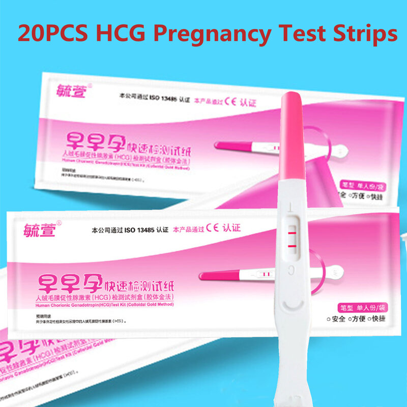 20 قطعة HCG اختبار الحمل المبكر شرائط البول طقم قياس اختبار سريع القلم المنزلية أكثر من 99% دقة اختبار للنساء البالغات