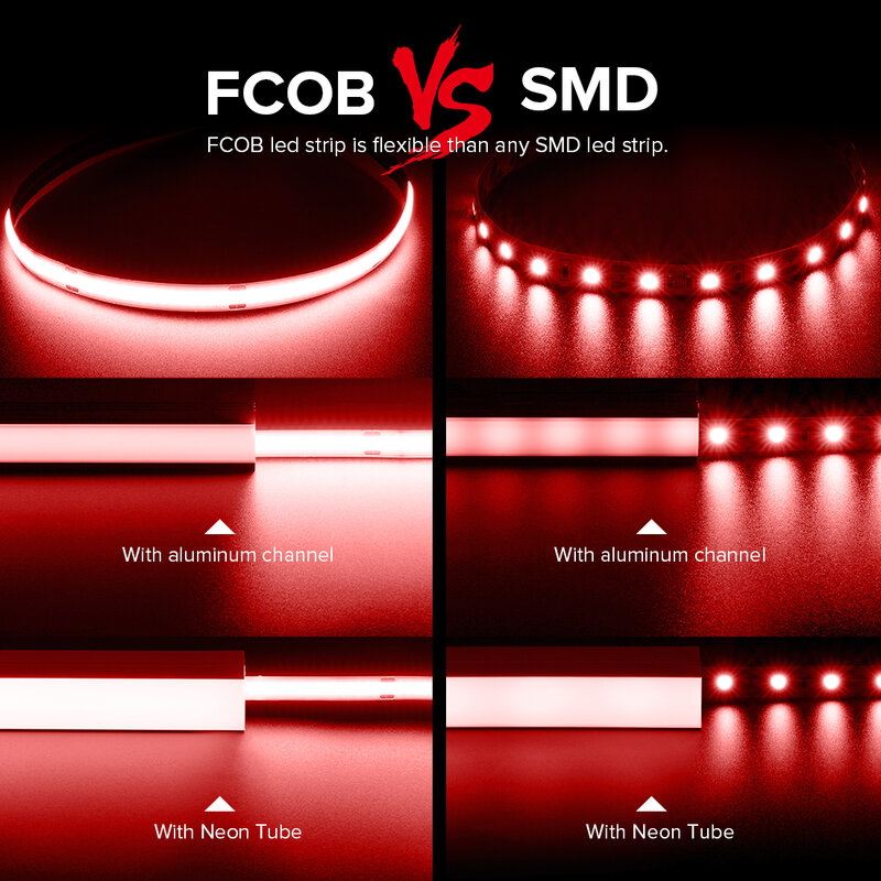 أزرق أبيض أحمر أخضر وردي أصفر مرن عكس الضوء RA90 Cob LED قطاع FCOB LED قطاع 12 فولت مرنة 5 مللي متر عرض 8 مللي متر