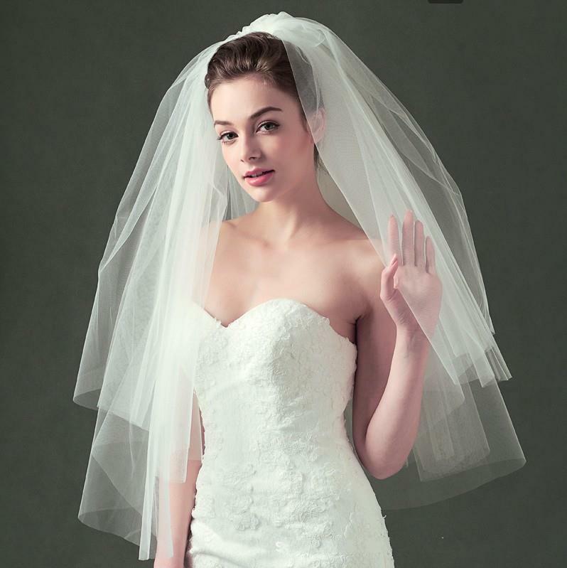 شعبية لينة تول طبقتين الحجاب الزفاف قصيرة مع مشط أبيض العاج قطع حافة الحجاب اكسسوارات الزفاف