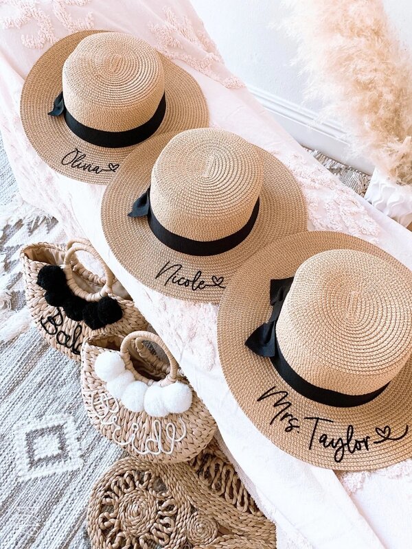 قبعة شاطئ مرنة مخصصة قبعات الشاطئ مخصصة العروس القبعات شخصية قبعة الشاطئ سيدة شاطئ قبعة وصيفة العروس هدية الزفاف الصيف