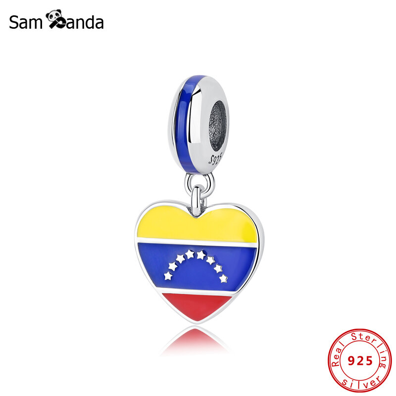 925 فضة Charms العلم من فنزويلا القلب قلادة الخرز صالح الأصلي باندورا أساور القلائد DIY بها بنفسك مجوهرات للنساء