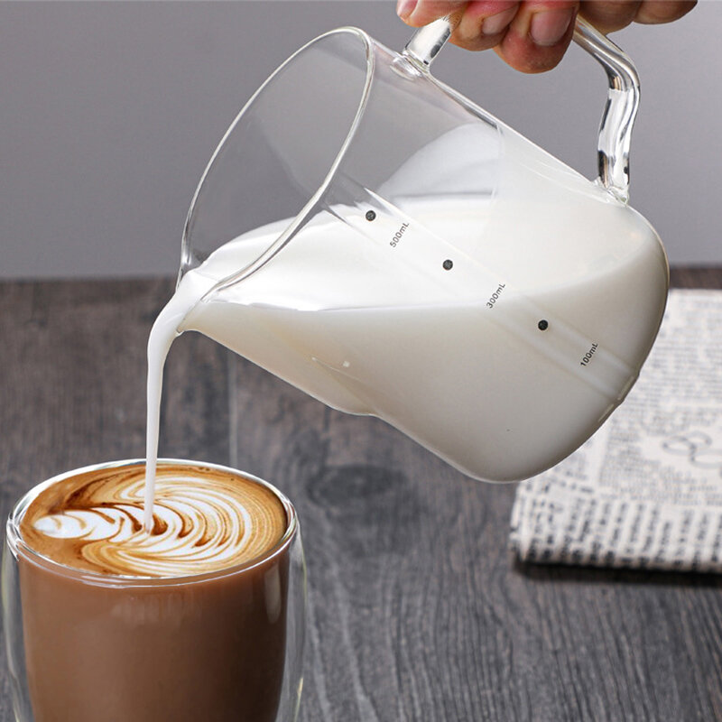 إبريق مزبد حليب زجاجي مع مقياس الحليب Frother إبريق باريستا قهوة اسبريسو لاتيه إبريق الحليب إبريق القهوة 350/600 مللي