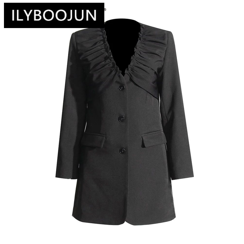 Ilyboojun-السترة مع طيات للنساء ، خليط الصلبة ، الخامس الرقبة ، طويلة الأكمام ، تقسم ، واحد الصدر ، أنيقة ، الموضة ، جديد