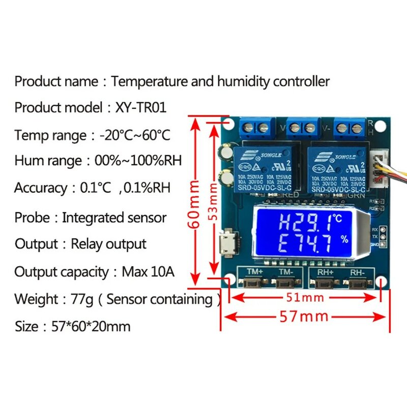 XY-TR01 الرطوبة تحكم في درجة الحرارة تيار مستمر 12 فولت 10A الرطوبة الحرارية ترموستات الرطوبة الرقمية LCD عرض التتابع