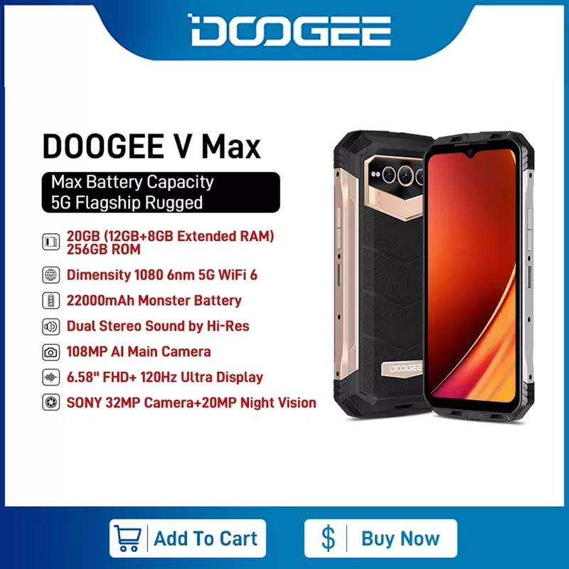 كاميرا DOOGEE V Max 5G 6.58 "120Hz الأبعاد 1080 عالية الدقة 108MP AI الرئيسية ثماني النواة 12GB RAM + 256GB ROM 22000mAh
