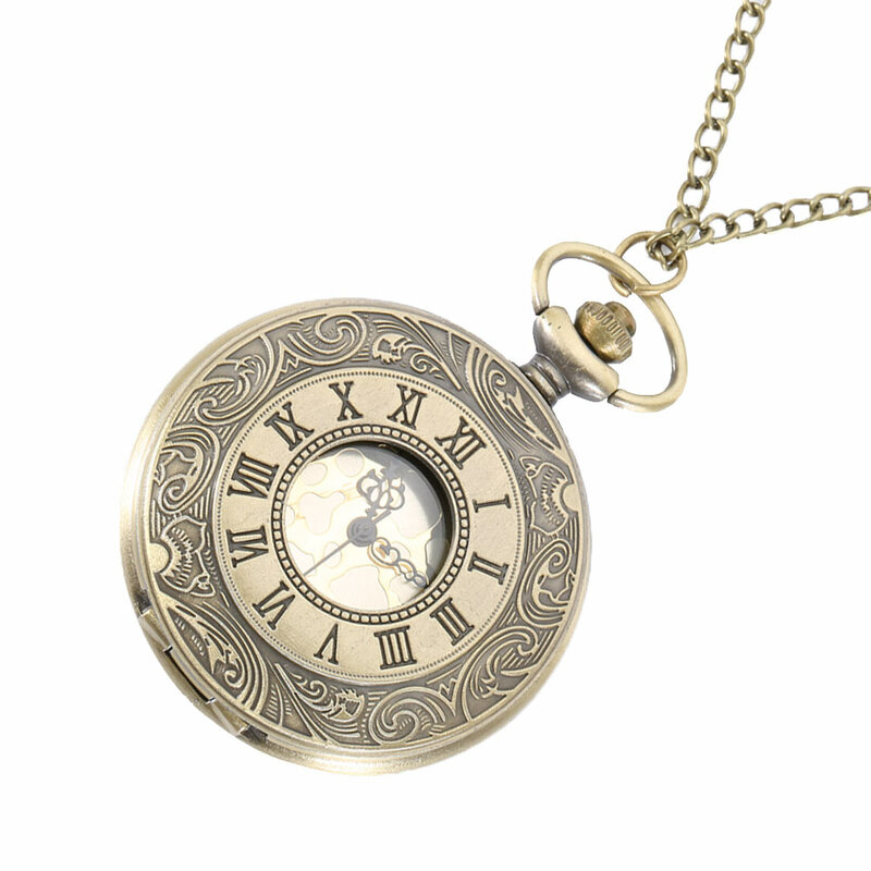 العتيقة خمر الأرقام الرومانية ساعة جيب كوارتز حافظة مستديرة قلادة قلادة سلسلة ساعة هدايا جوفاء براون ساعة الجيب