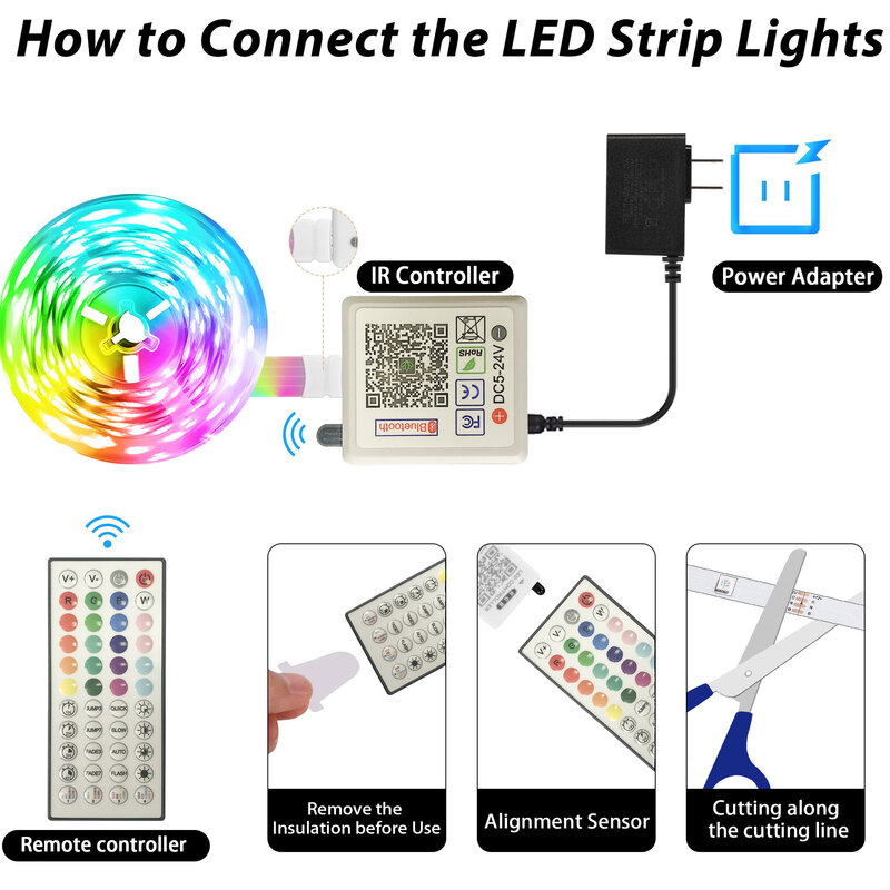 شريط LED مع وظيفة إضاءة ، RGB Pickup ، DC 24V ، 44 مفتاح ، بلوتوث ، تحكم بتطبيق ، مناسب لتزيين المنزل