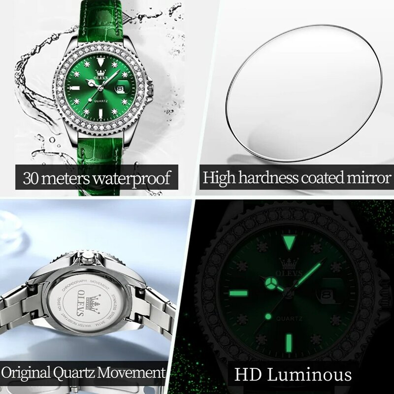 ساعة كوارتز ماسية OLEVS للنساء ، جلد أخضر ، مقاومة للماء ، ساعات تقويم مضيئة ، أزياء نسائية فاخرة ، جديدة