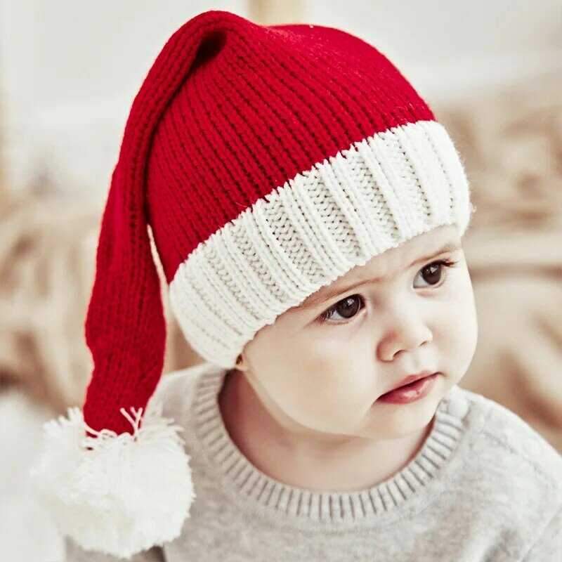 سانتا كلوز محبوك قبعة قبعة ، الوالدين الطفل ، الأم والطفل ، لطيف Pompom ، عيد الميلاد قبعة منسوجة ، لينة ، الأحمر ، لوحة بيضاء ، الطرف الديكور