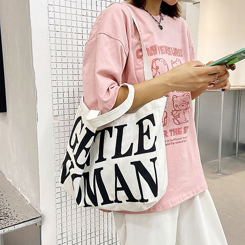 سعة كبيرة قماش حقيبة كروسبودي ، بسيطة حقيبة الكتف عادية ، شعار الإنجليزية إلكتروني ، الإبداعية الكورية نمط الموضة