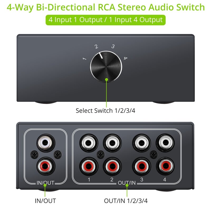 4 طريقة ثنائية الاتجاه RCA ستيريو الصوت التبديل 1 في 4 خارج أو 4 في 1 خارج L/R جاك قناة الصوت RCA الصوت الجلاد محدد