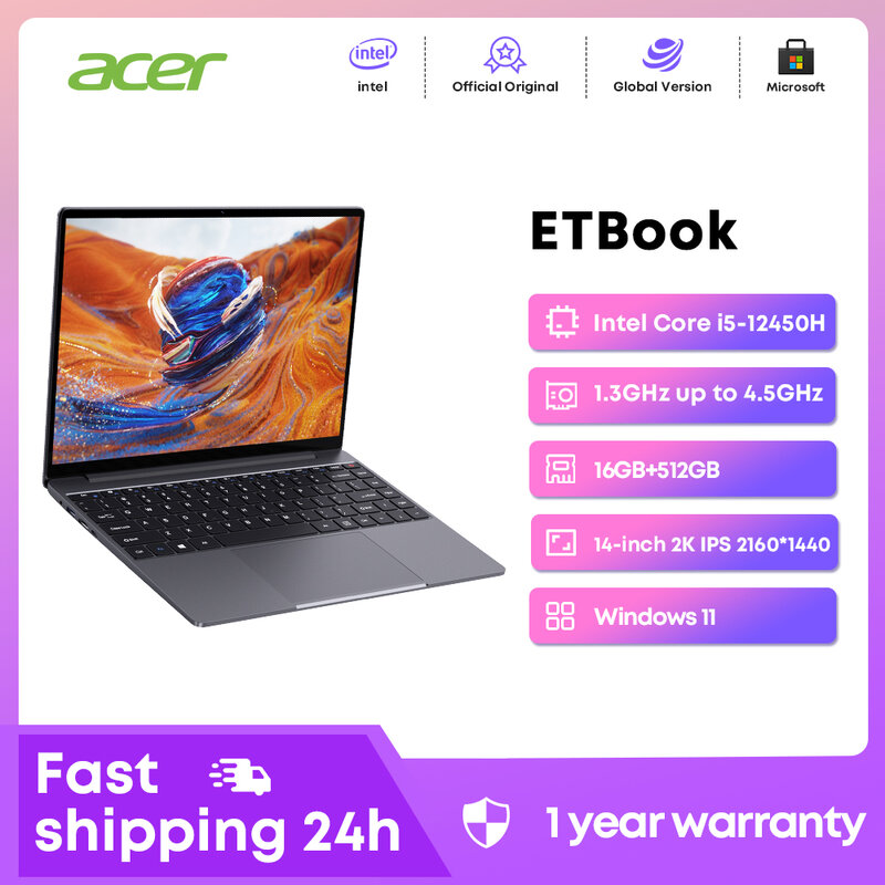 كمبيوتر محمول للألعاب من ACER-ETBook ، كمبيوتر محمول Intel Core ، ذاكرة رام 16 جيجابايت ، جيجابايت SSD ، 2K ، IPS ، WiFi ، 6 ، Windows 11 ، 14 بوصة