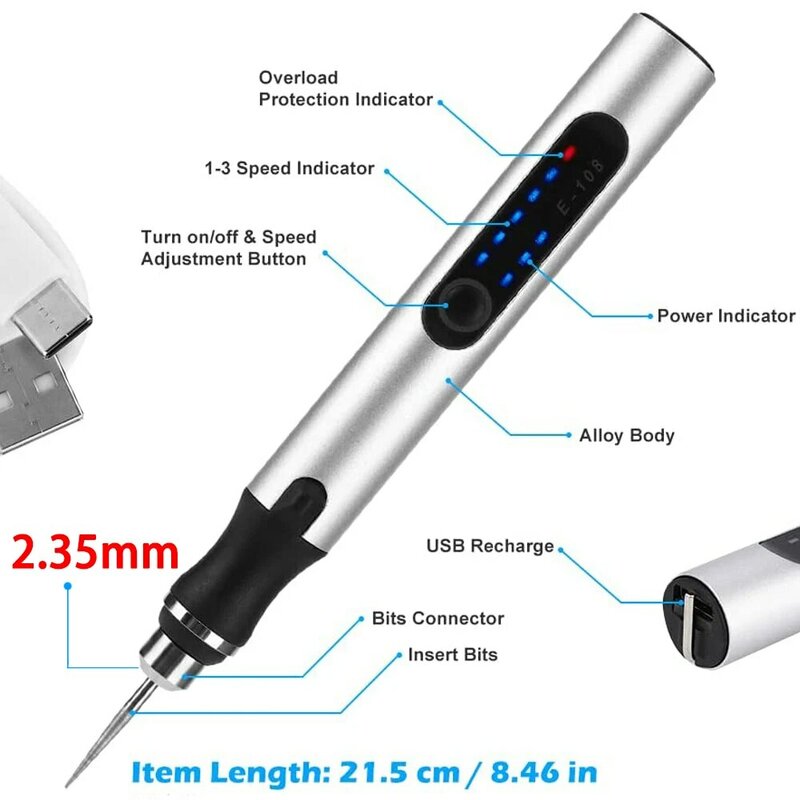 مجموعة أدوات دوارة لاسلكية USB ، قلم نقش خشبي سهل الاستخدام للمجوهرات والزجاج المعدني ، مثقاب لاسلكي صغير