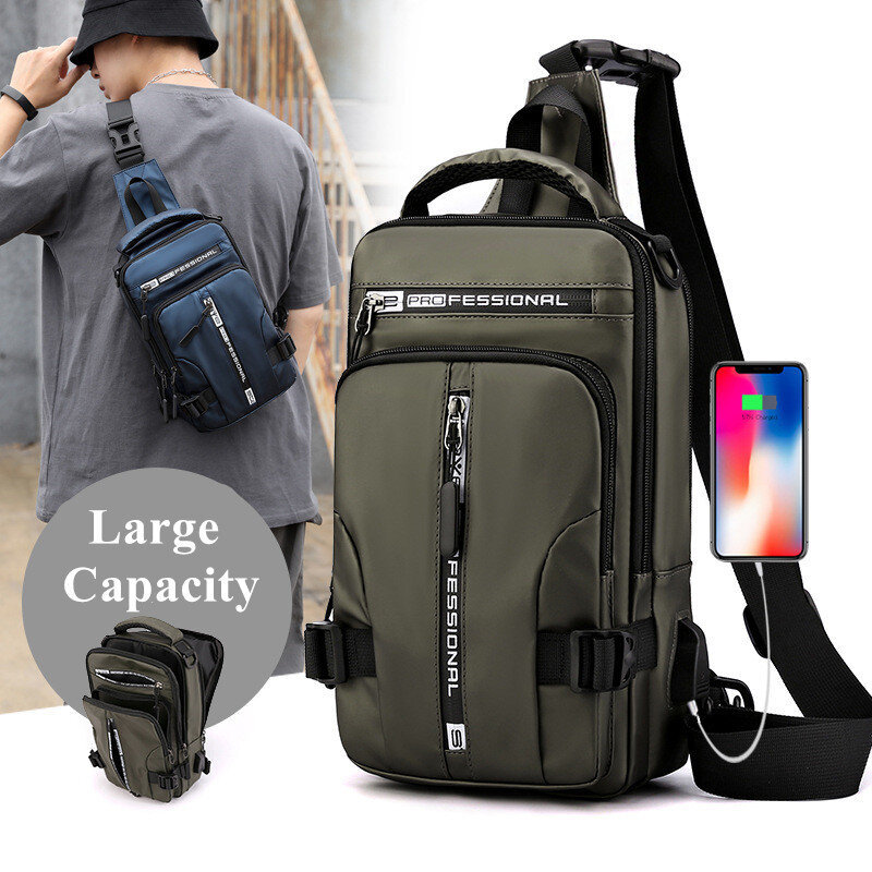 متعددة الوظائف النايلون حقيبة الصدر للرجال ، مقاوم للماء حقيبة كروسبودي ، مكافحة سرقة حقيبة السفر ، USB شحن ظهره ، حزمة الذكور