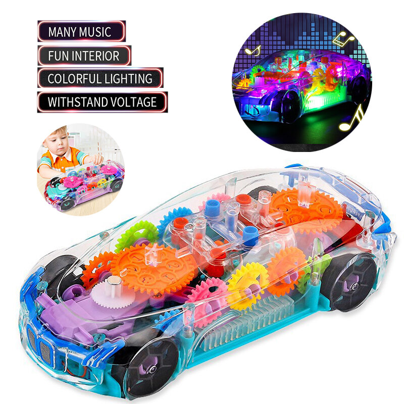 الكهربائية العالمي شفافة والعتاد مفهوم سيارة اللعب 360 دوران LED ضوء الموسيقى للأطفال التعليمية لعبة سيارة للأطفال هدايا