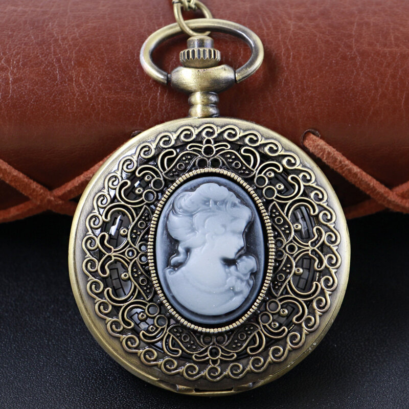 العتيقة برونزية الملكة الأميرة رئيس تنقش كوارتز ساعة الجيب المرأة قلادة قلادة اكسسوارات تذكارية ساعة هدية