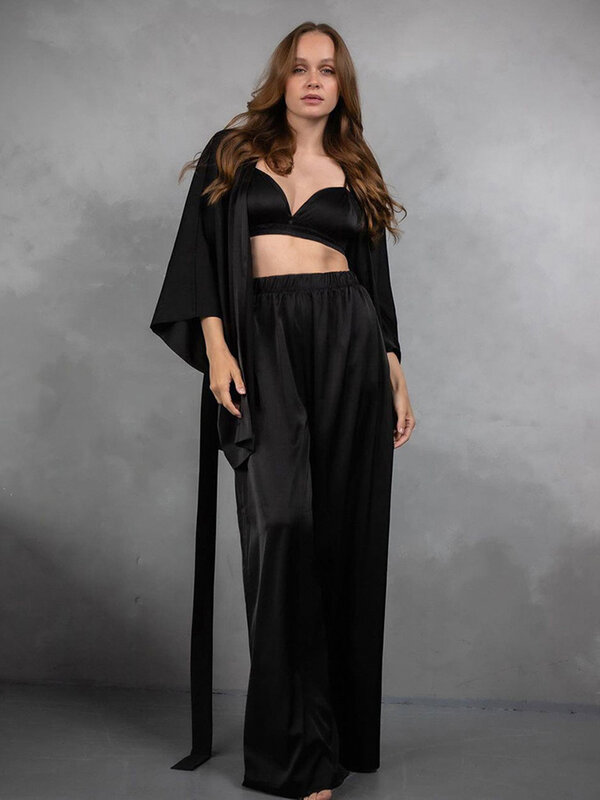 Marthaqiqi-مجموعة ملابس نوم طويلة الأكمام على شكل حرف v للنساء ، ملابس داخلية مثيرة ، بيجاما بأربطة ، سروال ملابس نوم ، بدلة نوم ، 3 قطع