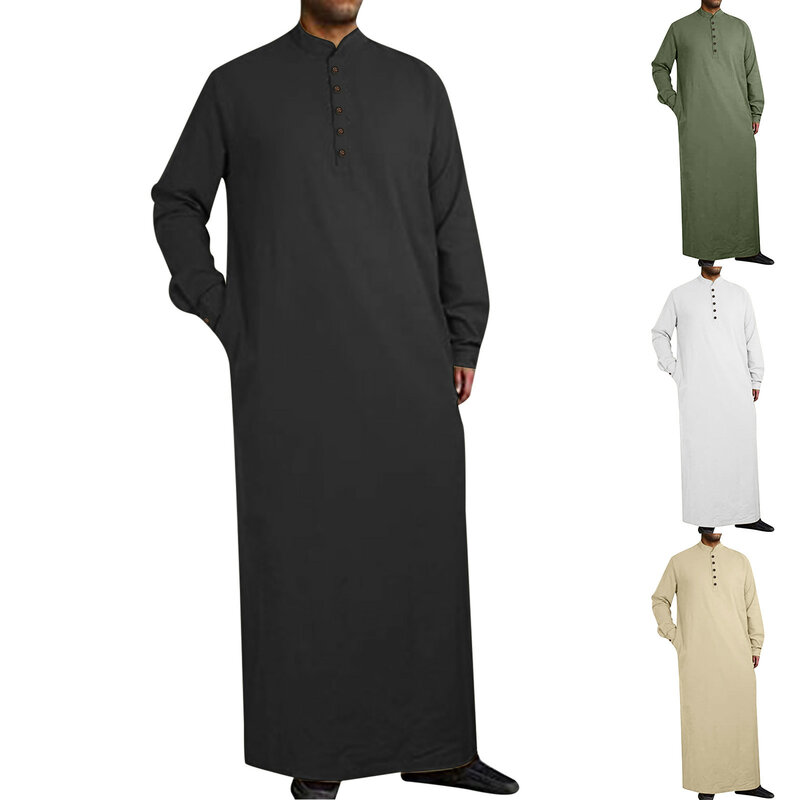 رداءة رجالية إسلامية على الطراز الشرقي الأوسط ، قمصان بأكمام طويلة ، فتحة جانبية ، رداءة بلون واحد مع زر جيب ، بسيط ، الصيف