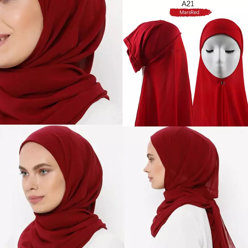 وشاح حجاب شيفون شيفون للنساء المسلمات مع غطاء حجاب شيفون فوري مع أغطية حجاب بدون شقوق