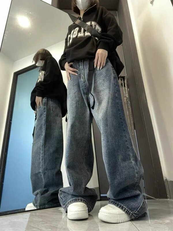 QWEEK-جينز فضفاض عالي الخصر للنساء ، بنطال واسع الساق ، مستقيم وكاجوال ، بنطلون جينز كبير الحجم ، ملابس شارع كورية ، هاراجاكي عتيق ، Y2k
