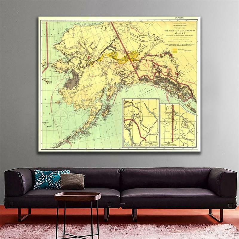 1898 طبعة Decor خريطة ديكور دهان ديكور الجدار الذهب وحقول الفحم من ألاسكا خريطة 90x90 سنتيمتر رذاذ الطلاء لغرفة المعيشة
