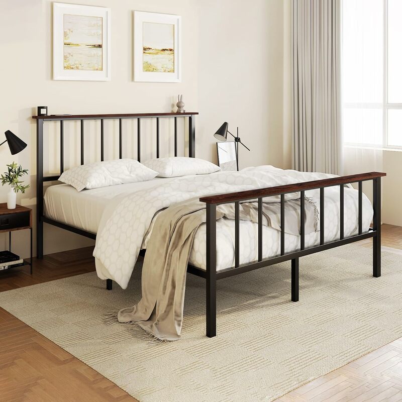 إطار سرير بلوح رأس لسرير بحجم كوين ، منصة للخدمة الشاقة ، أسود وخشب ، زنبرك بدون صندوق