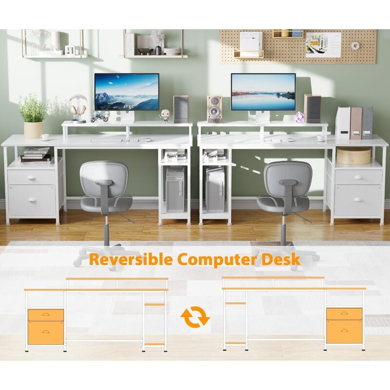 Furologee-مكتب أبيض قابل للعكس مع رف تخزين ، مكتب ، خزانة ملفات ودرج من القماش ، 61 بوصة