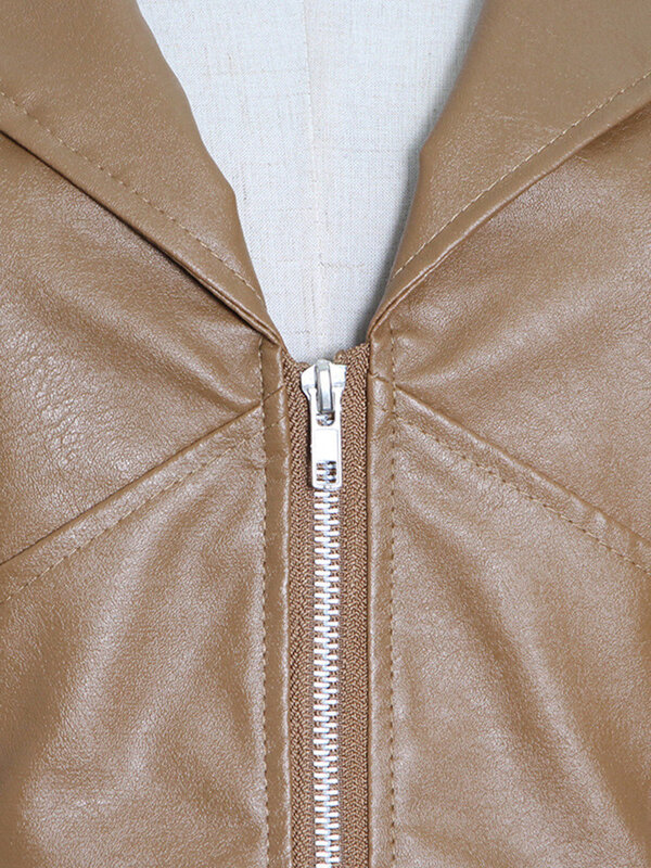 VGH بولي Leather معاطف جلدية للنساء التلبيب كم طويل المرقعة زيبر الحد الأدنى عادية سليم معطف الإناث الخريف الملابس موضة جديدة