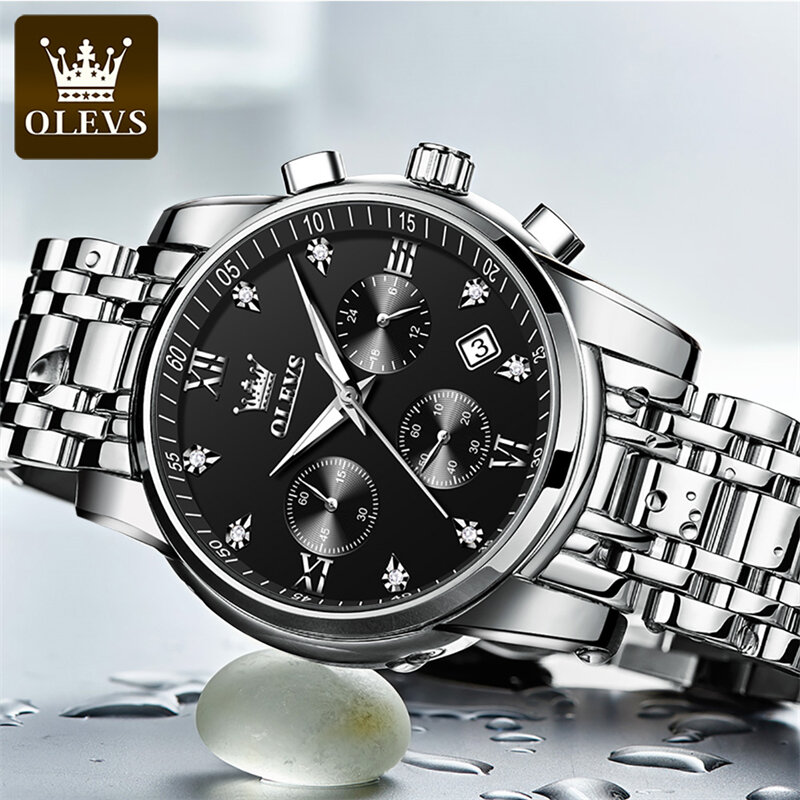 ساعة يد OLEVS للرجال مقاومة للماء من الفولاذ المقاوم للصدأ ، ساعة كوارتز ، كرونوغراف رياضي ، ساعات فاخرة ، علامة تجارية مشهورة