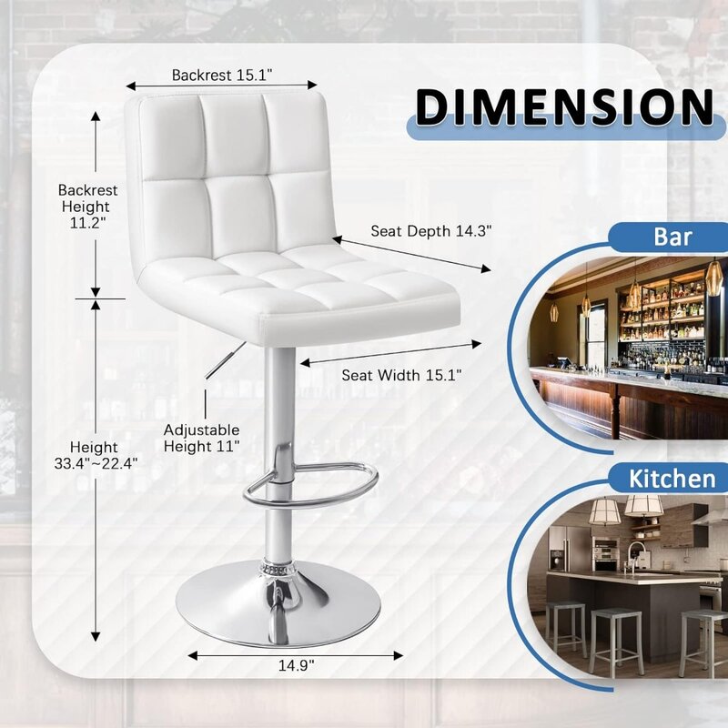 مقاعد بار من الجلد الصناعي قابلة للتعديل ، مقعد بار ، كراسي بارستول دوارة ، بدون ذراع ، هيدروليكي ، طاولة مطبخ ، ارتفاع إضافي ، مربع