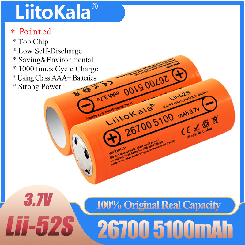10 قطعة LiitoKala Lii-52S 26700 5000mAh قدرة عالية 3.7 فولت بطارية ليثيوم لمصباح يدوي قوة البنك ليثيوم أيون بطارية قابلة للشحن