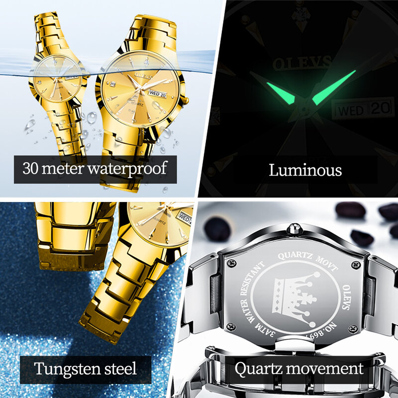 ساعة يد OLEVS-ساعة كوارتز نسائية فاخرة من الفولاذ التنغستن ، علامة تجارية مشهورة ، سوار فولاذية ، مقاومة للماء ، أسبوع ، تاريخ ، ساعة يد مضيئة